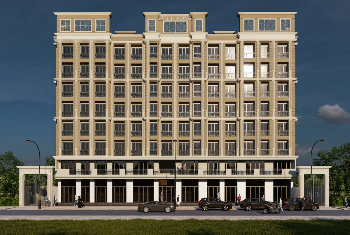 Baug-E-Suraiyya front view featuring two 7-storey residential towers with spacious 2 & 3 BHK apartments in Bhiwandi
