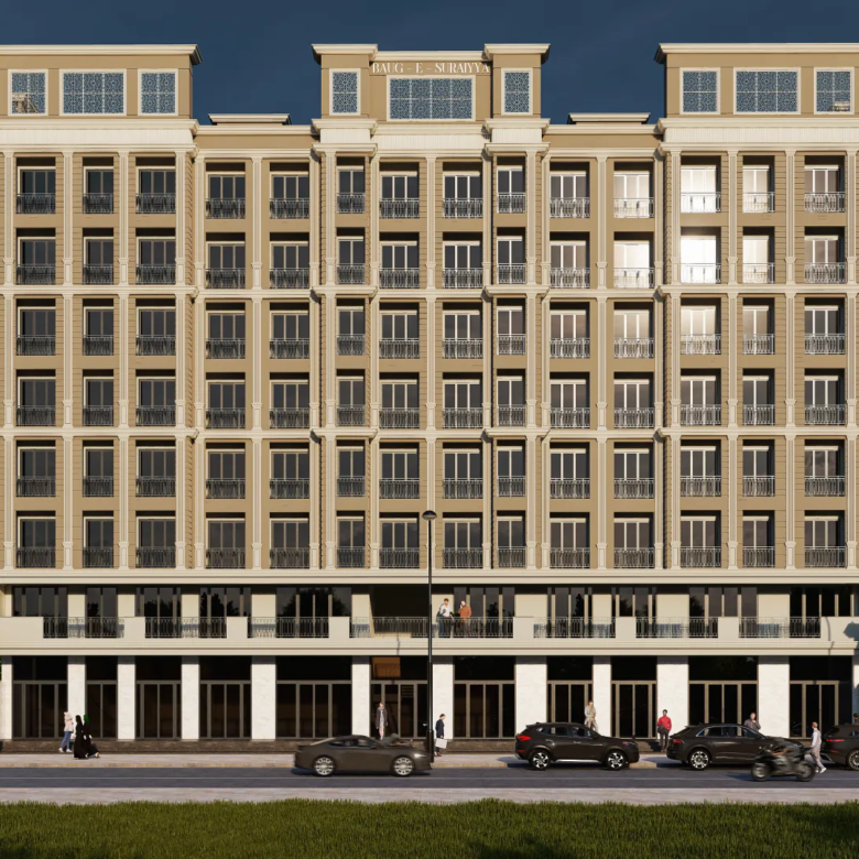 Baug-E-Suraiyya front view featuring two 7-storey residential towers with spacious 2 & 3 BHK apartments in Bhiwandi