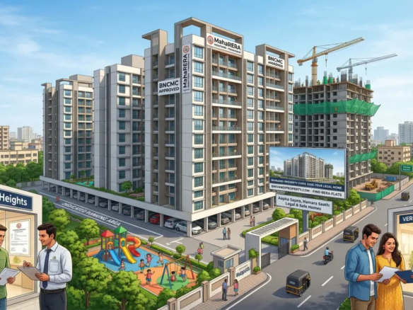 Modern residential building in Bhiwandi showing legal flat options on BhiwandiProperty.com