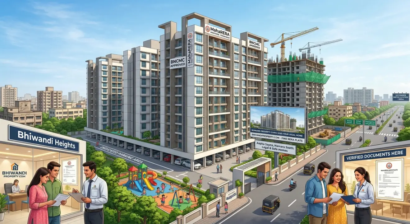 Modern residential building in Bhiwandi showing legal flat options on BhiwandiProperty.com