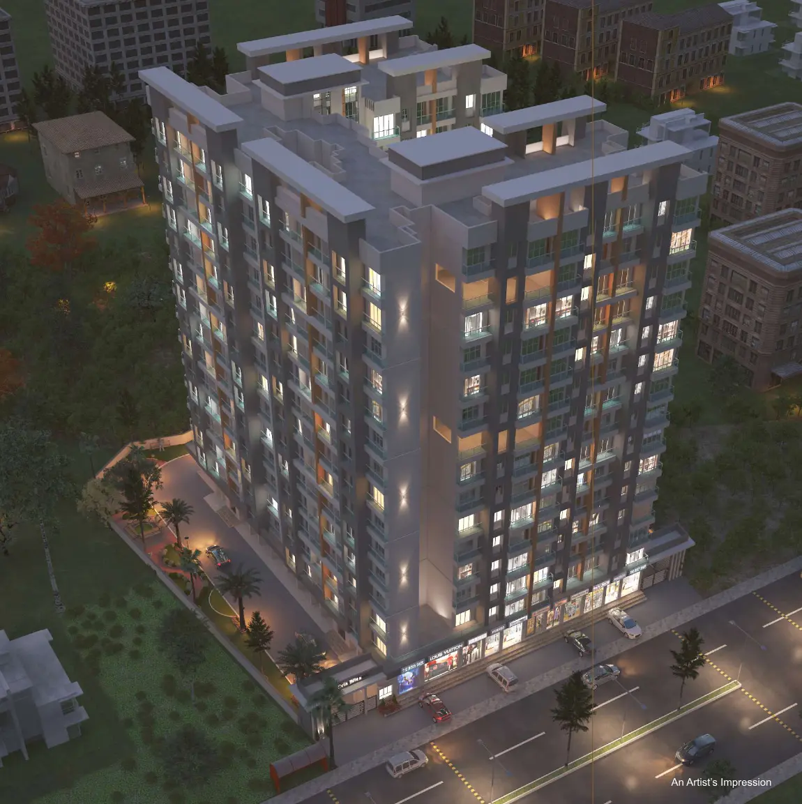Oliiva Bliss Kalher Bhiwandi front elevation night Olivia Bliss Kalher New Thane project elevation building view night